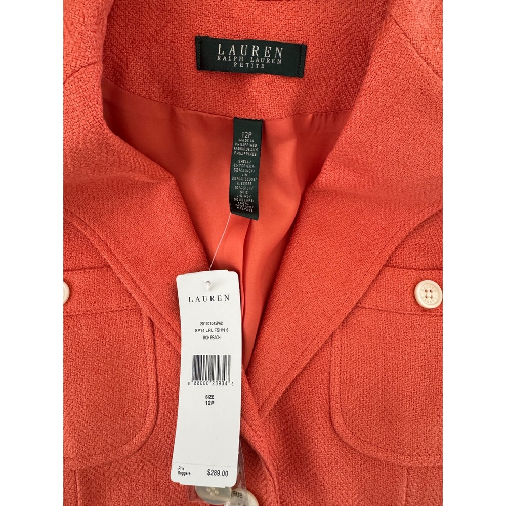 NWT Lauren Ralph Lauren Petite Linen Silk Blazer Peach Herringbone Jacket 12P - Picture 2 of 13
